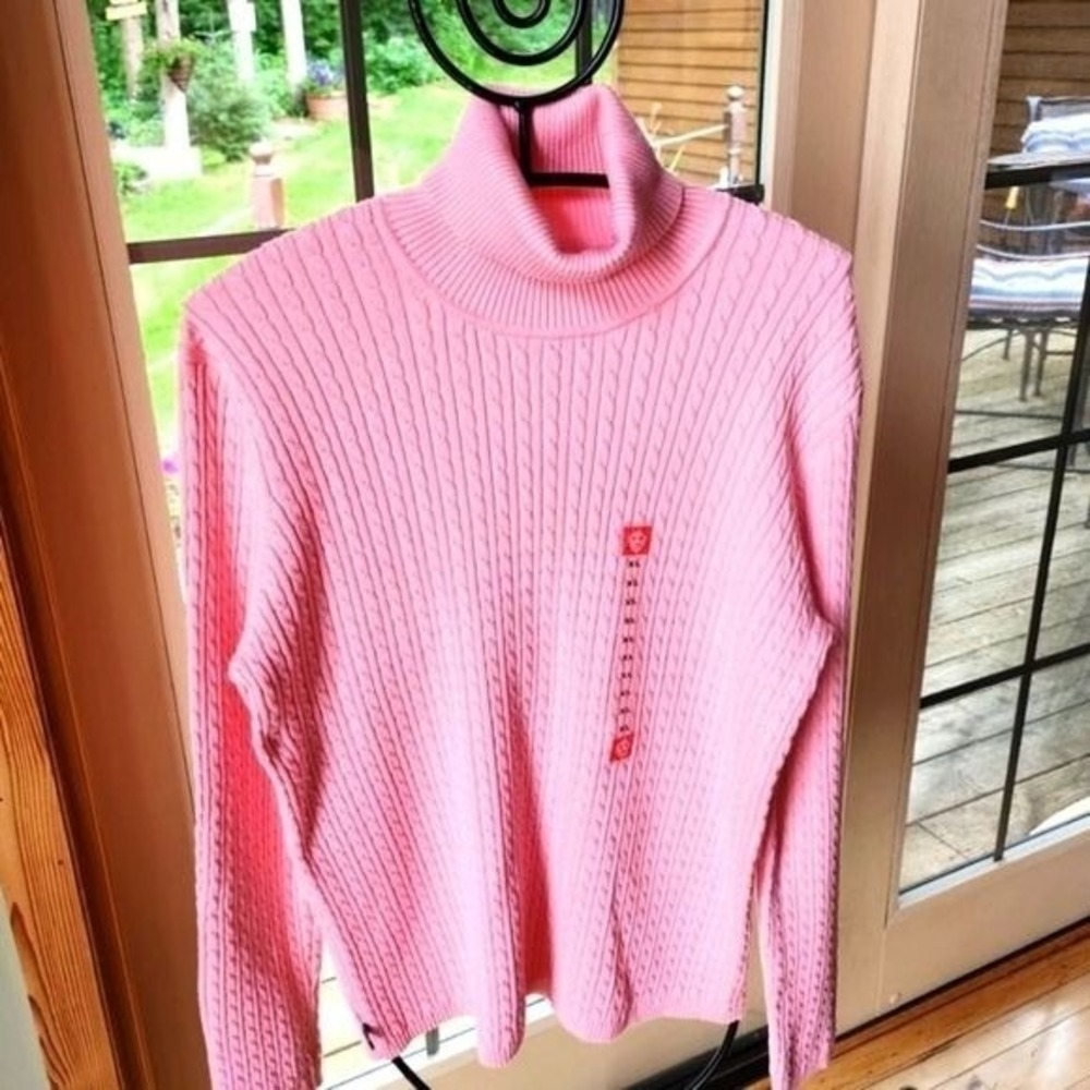 Anne Klein Sport Pink Cable Knit Turtleneck Sweater Womens XL Long Sleeve Cotton